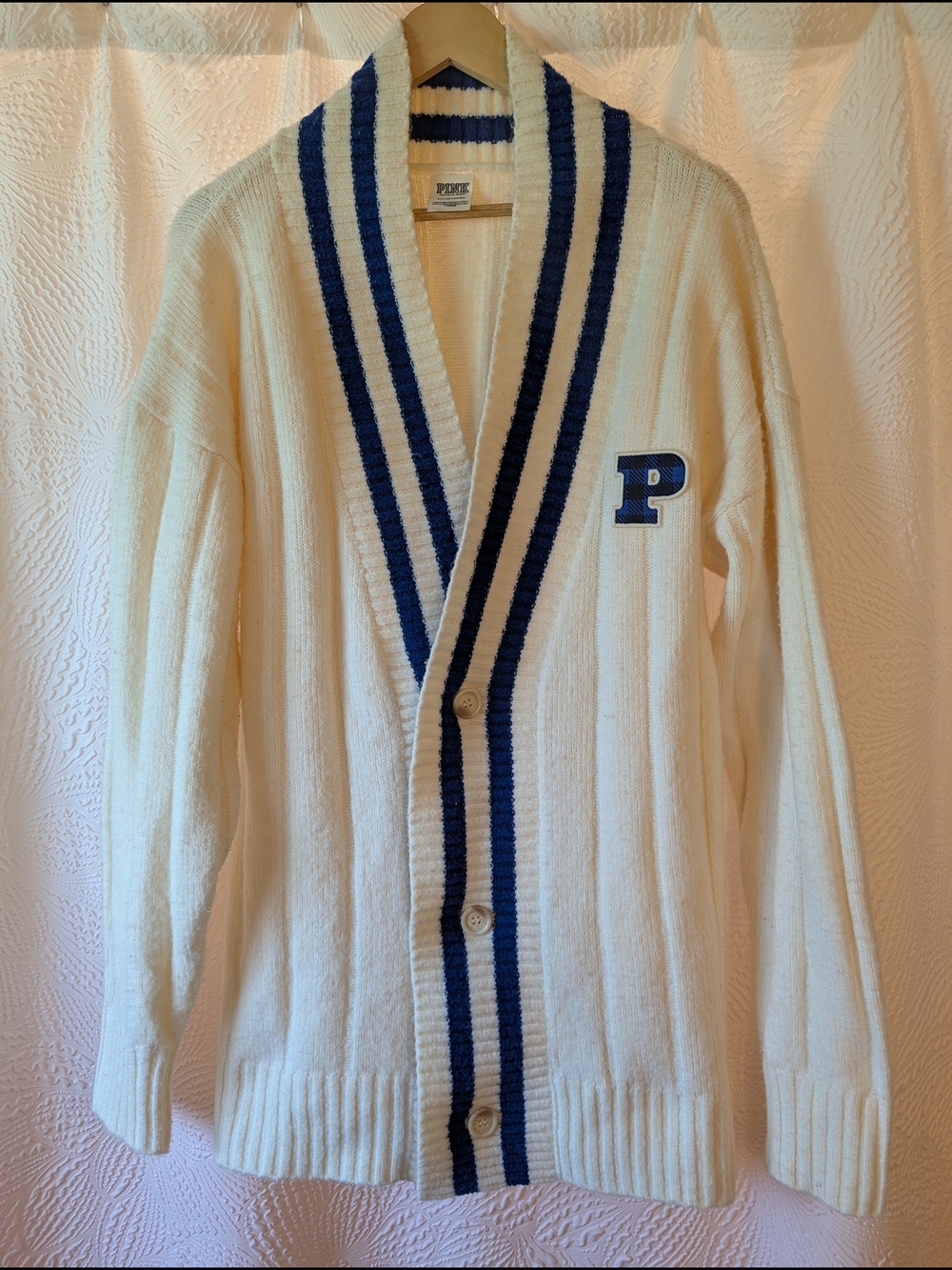 "PINK" Victoria's Secret White Cardigan with Navy Stripes and 'P' Patch